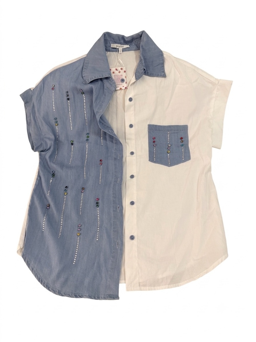Unbranded Girls Two-Tone Blue & White Short Sleeve Shirt with Embellishments
